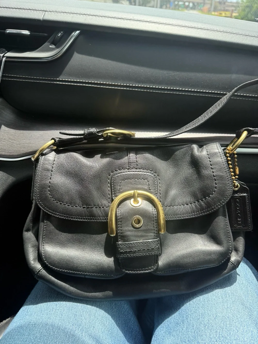 Coach Black Leather Shoulder Bag with Brass Hardware